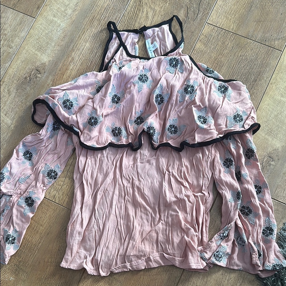 Pink Ruffled Asymmetrical Blouse with Long Sleeves